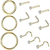 AccGin 10-12Pcs 18G 20G Nose Rings Studs Hinged Hoop Nose Ring for Women Men Corkscrew Bone L Shaped Nose Studs Hypoallergenic 316L Surgical Steel Nose Piercings Jewelry Small Silver Gold