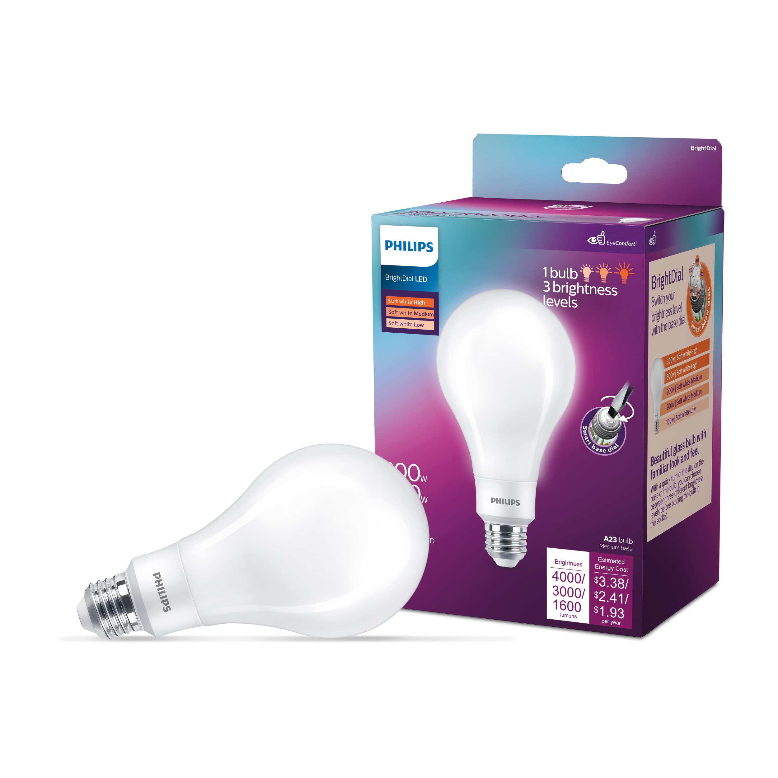 Photo 1 of PHILIPS LED 300-200-100W A23 1-Pack BrightDial Soft White (2700K) 4000-3000-1600 Lumen (28-20-16 = 300-200-100W) Frosted Flicker-Free Light Bulb