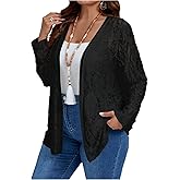 BEAUDRM Women's Plus Size Floral Lace Jacket Sheer Mesh Open Front Long Sleeve Lightweight Cardigan Outerwear