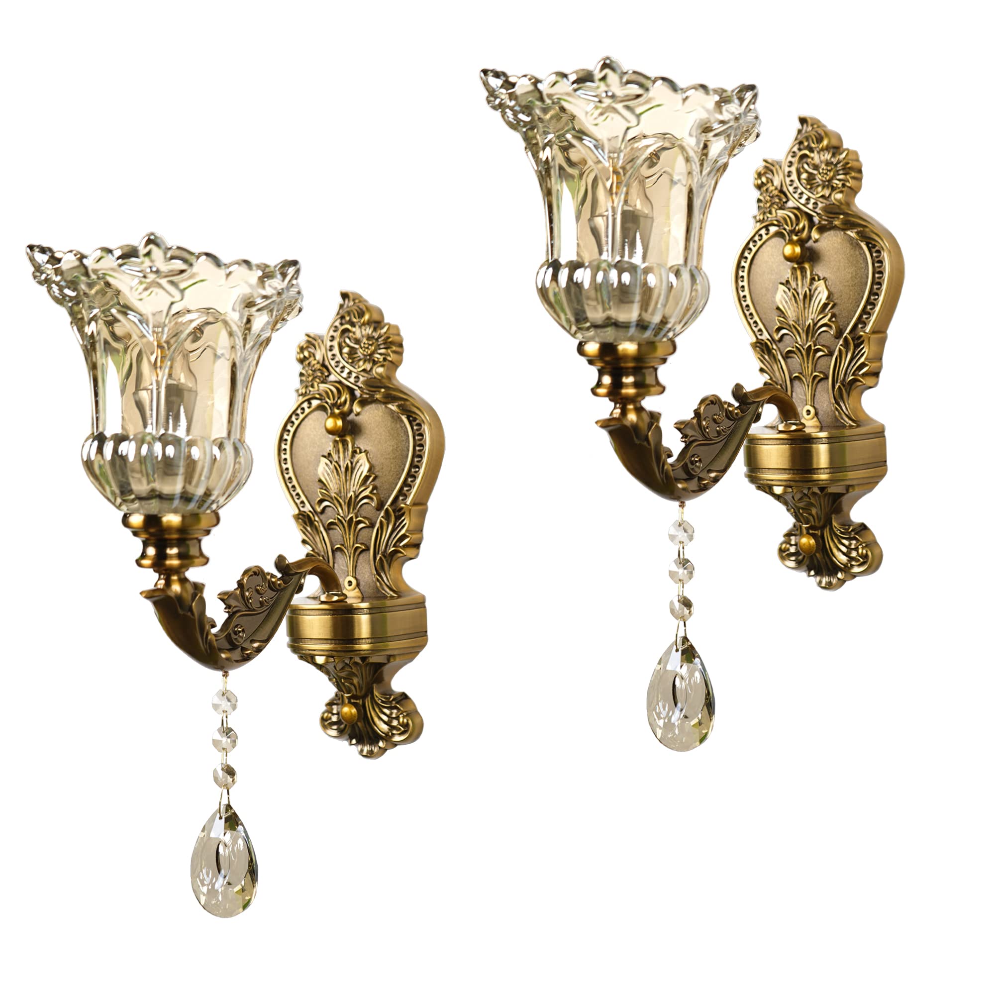 Photo 1 of Aeyee Glass Wall Sconce Set of 2, Antique Brass Wall Light, Crystal Floral Bedside Wall Lamp for Entrance, Bedroom, Hallway