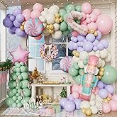 176Pcs Christmas Balloon Garland Arch Kit, Pastel Pink Purple Green Latex Balloons with Nutcracker Soldier Candy Cane Foil Balloons for Christmas New Year Winter Holiday Birthday Party Decorations