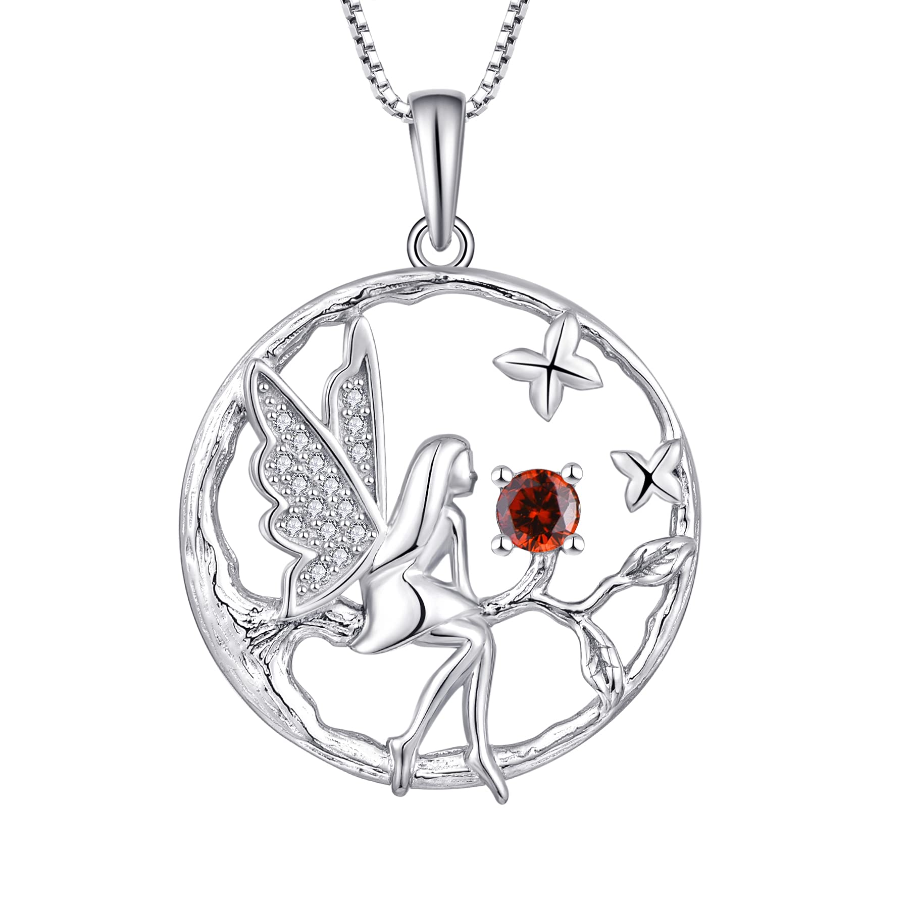 FJ Guardian Angel Necklace 925 Sterling Silver Tree of Life Pendant Fairy Necklace Garnet January Birthstone Jewellery for Women — image 1