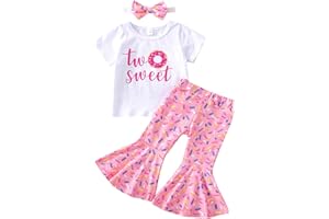 SAYOO Toddler Baby Girls Birthday Outfits Letter Tassel Shirt Donut Cake Floral Flared Long Pants Headband 3Pcs Summer Set