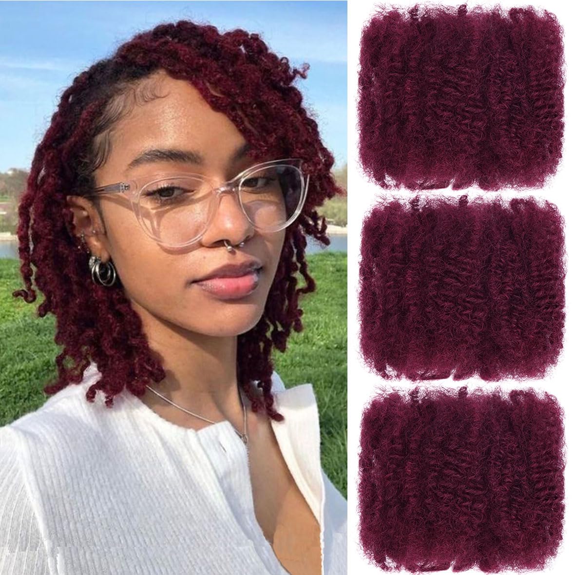 Kackanaa 8 Inch Dark Ginger Afro Kinky Curly Human Hair Bulk for Dreadlock Extensions 3 Packs Marley Twist Hair Repair Locs Burgundy Springy Afro Twist Human Hair, 30g /Pack — image 1