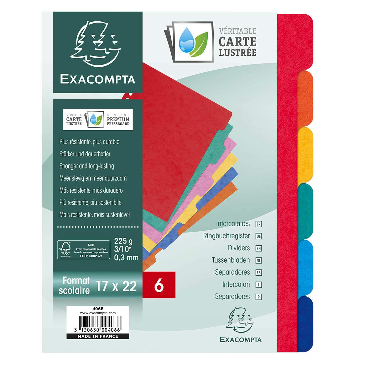 Exacompta - Ref. 406E - 20 packs of 6 dividers in real flexible glossy card 225g/m2 - FSC certified - with 6 neutral tabs - format to file 220x170 mm - assorted colors