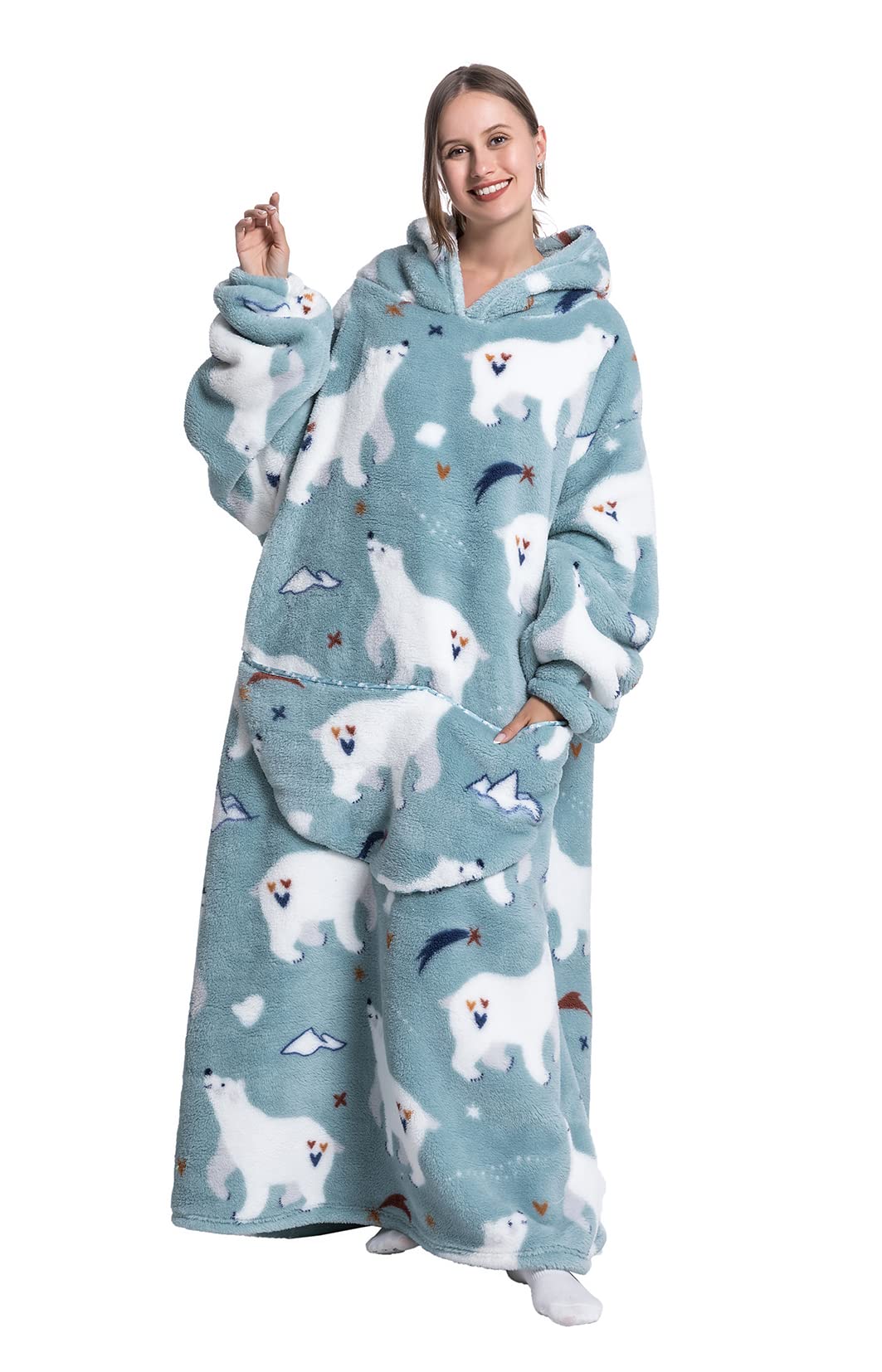 Seogva Extra Long Wearable Blanket Hoodie, Oversized Sweatshirt, Super Warm and Cozy Giant Hooded Blanket with Sleeves and Giant Pocket (Polar Bears), One Size