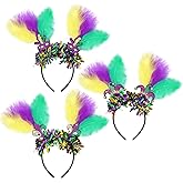 OAOLEER 3 PCS Mardi Gras Feather Headbands for Girls, Mask Fleur De Lis Hairband Mardi Gras Glitter Hair Accessories for Women Adults