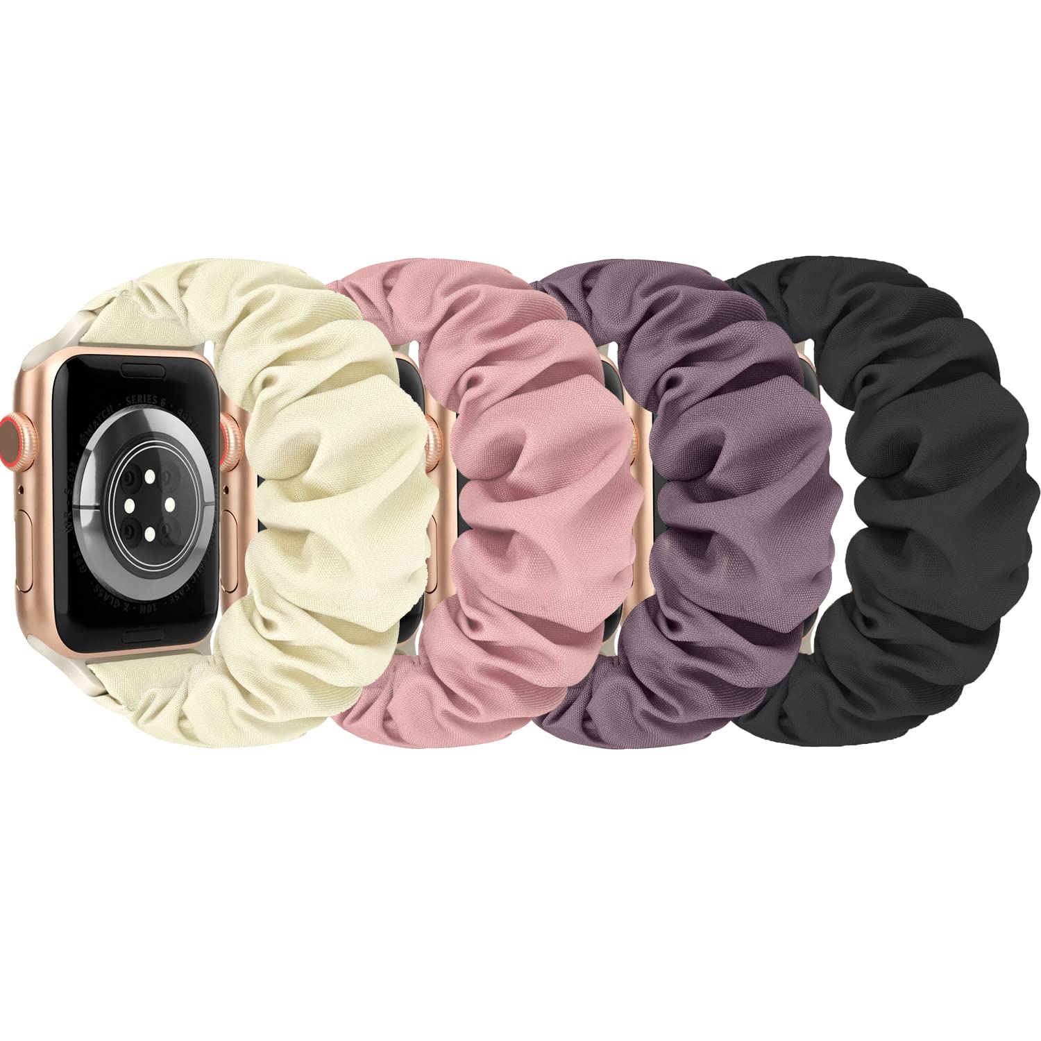 ShuYo 4 Packs Scrunchie Band Compatible with Apple Watch 38mm 40mm 41mm 42mm 44mm 45mm 49mm,Cute Printed Elastic Bands Women Bracelet Strap for iWatch Series 8 7 6 5 4 3 2 1 SE Ultra(42 44 45 49mm L)
