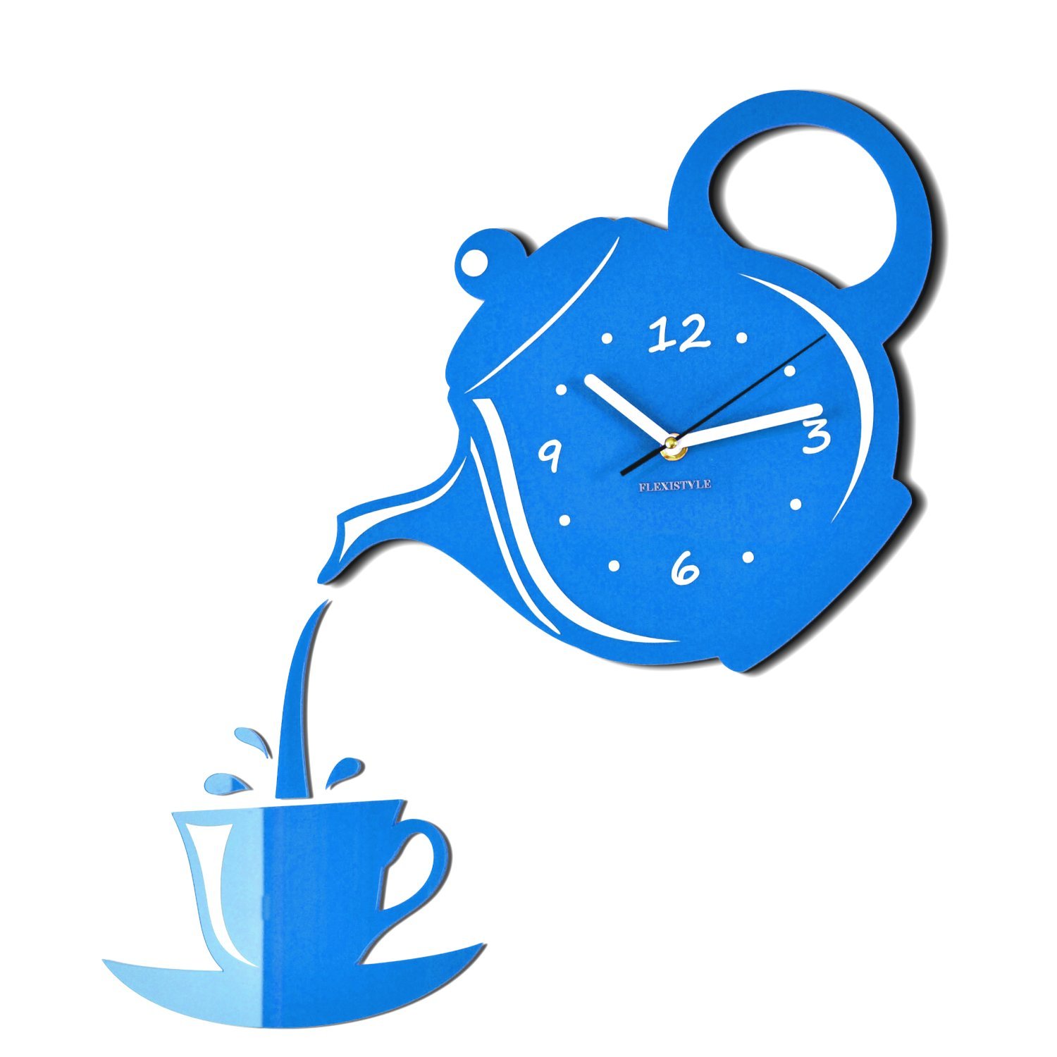 FLEXISTYLE z52-5 Modern Kitchen Wall Clock Cup and Pot 45cm x 45cm 3D Silent Design Made in EU (Blu)