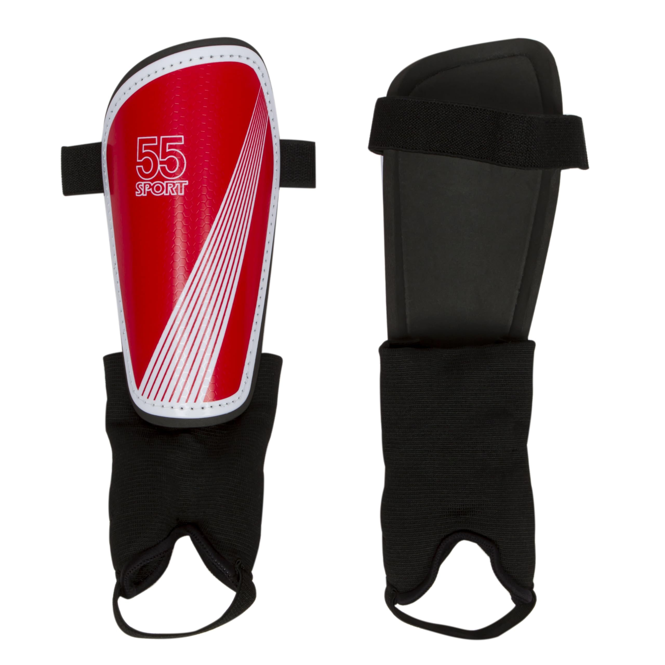 55 Sport Vortex Club Adult & Junior Protective Football Shin Guards with Ankle Protector - Red - XL
