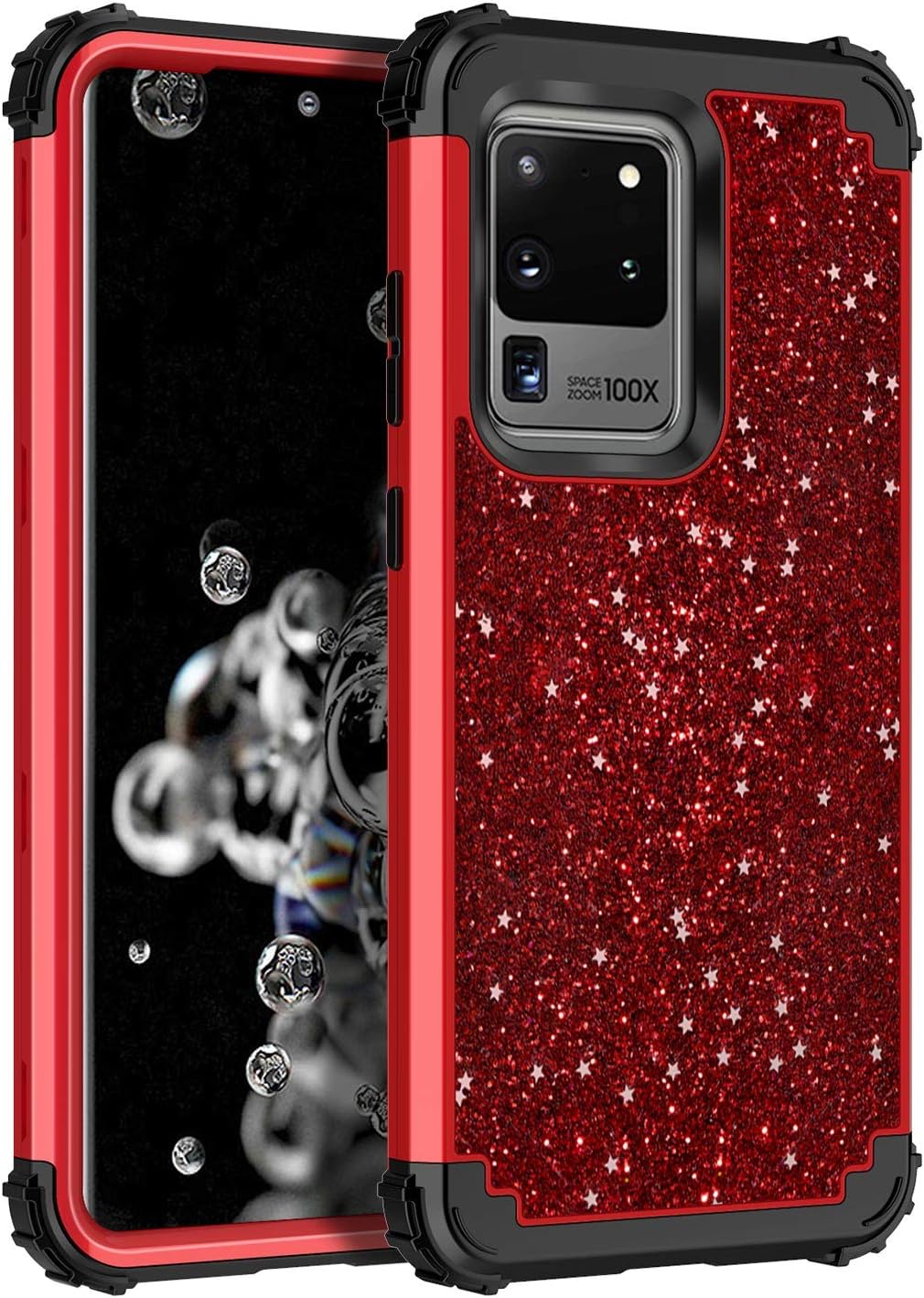 Hekodonk Compatible S20 Ultra Case Luxury Stars Sparkle Glitter Shiny Heavy Duty Shockproof Full-Body Protective High Impact Hybrid Hard Cover for Samsung Galaxy S20 Ultra 6.9" Bling Red