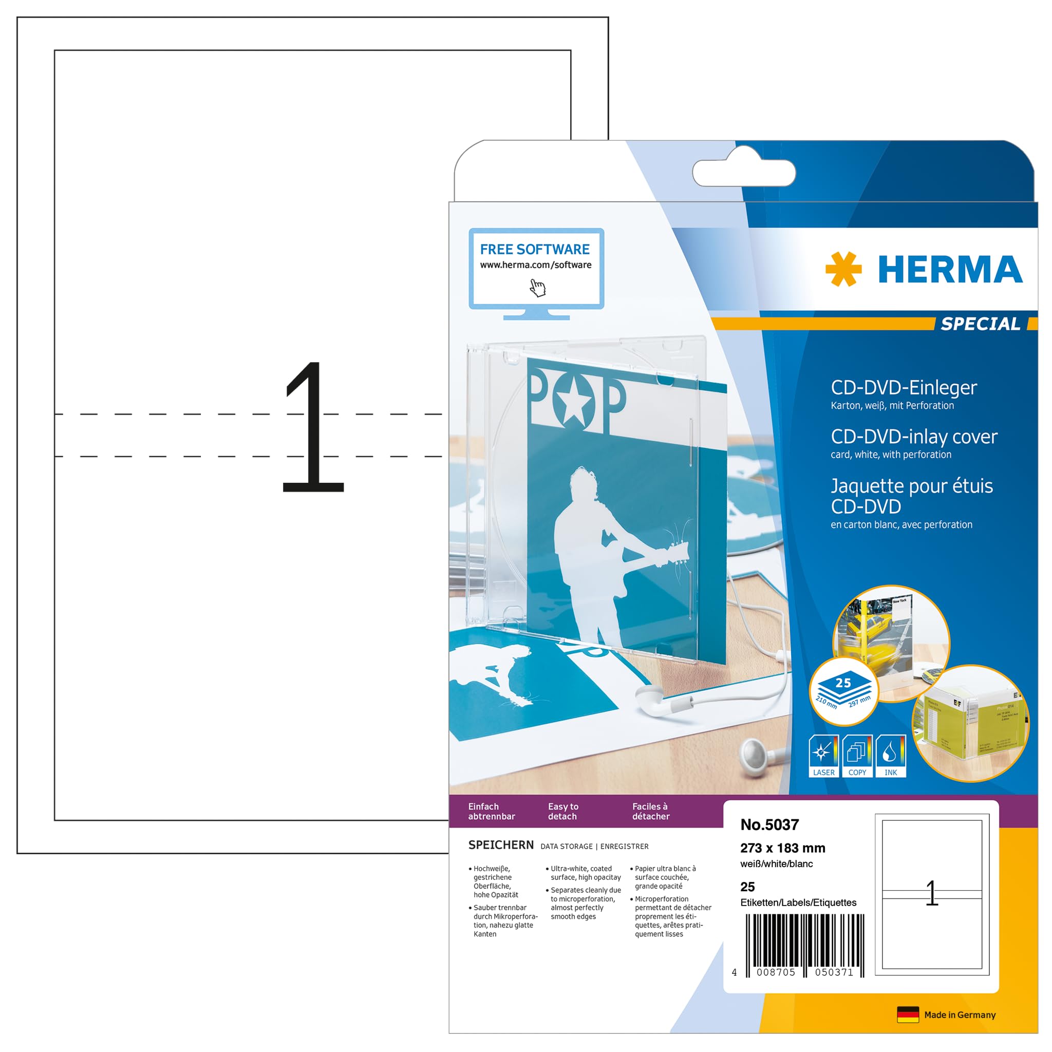 HERMA DVD Case Inserts, 1 Piece Labels per A4 Sheet, 25 Sheets, 273 x 183 mm, 25 Pieces, Blank DVD Case Inlays, Printable Card Inserts for Laser & Inkjet Printer, White