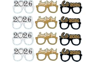 RIGHTA TECH 12 Pcs Happy New Year Eyeglasses,Hello 2026 Party Paper Glasses, Black and Gold Glitter New Years Eve Party Supplies 2025,Clock Countdown Favors for Costume Party,NYE Decorations 2026