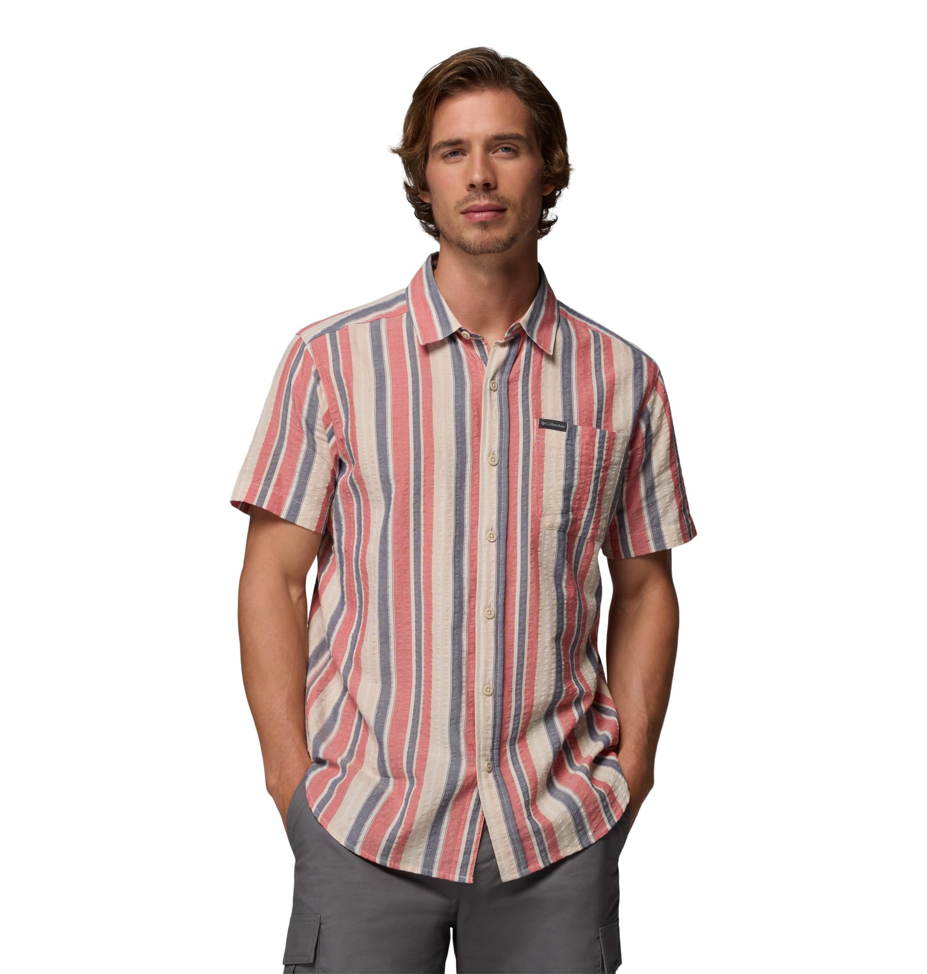 Columbia Men’s Rapid Rivers Novelty Short Sleeve, Washed Red/Isle Stripe, Large