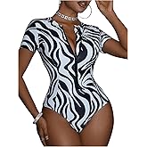 WDIRARA Women's One Piece Swimsuit Zebra Striped Short Sleeve Zipper Swimwear