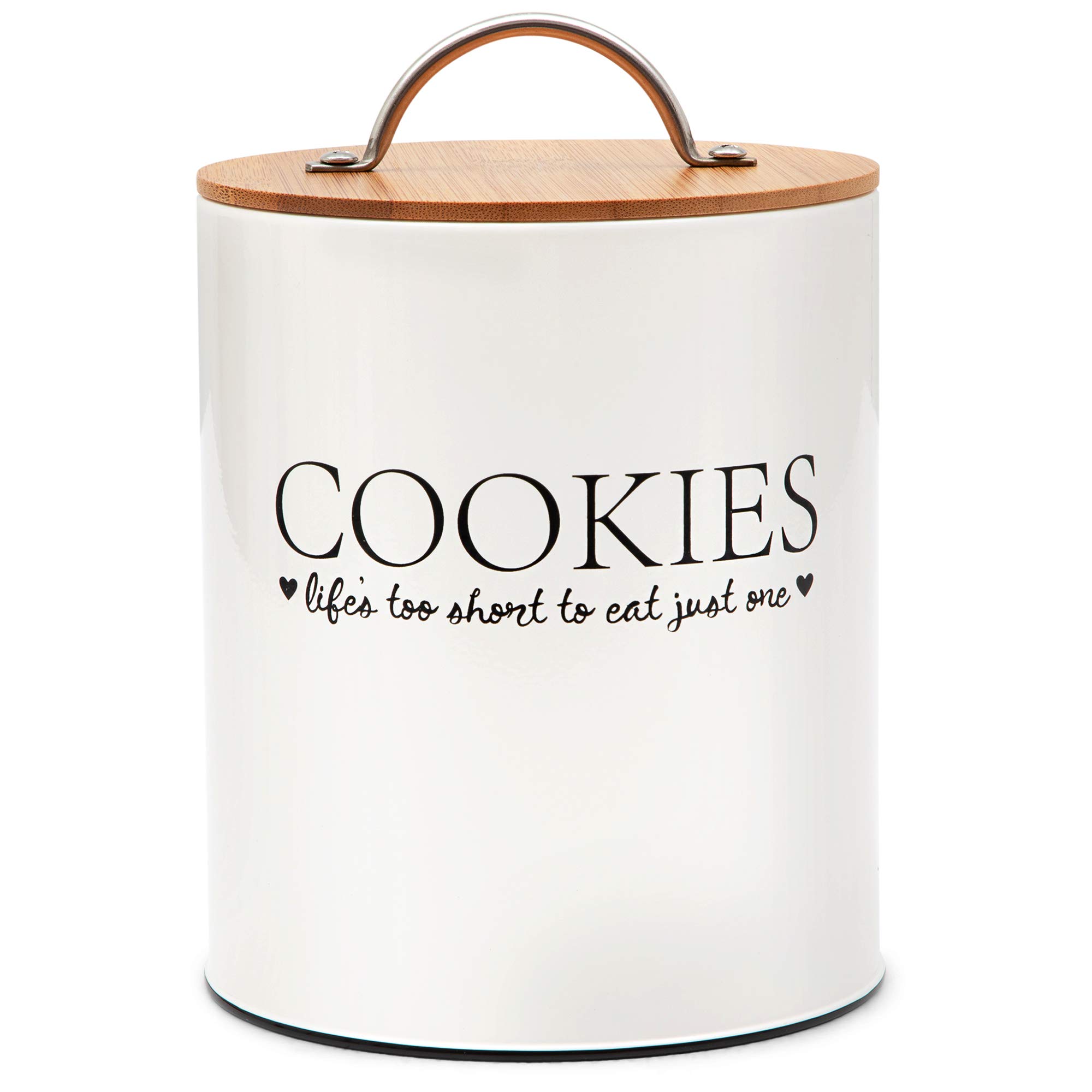 D'Lifeful Farmhouse Airtight Cookie Jar with Bamboo Lid - Kitchen Counter Storage Container for Cookies or even Candy, Decorative Tin Jars with Lids for Freshness (Off White) - Regular Size