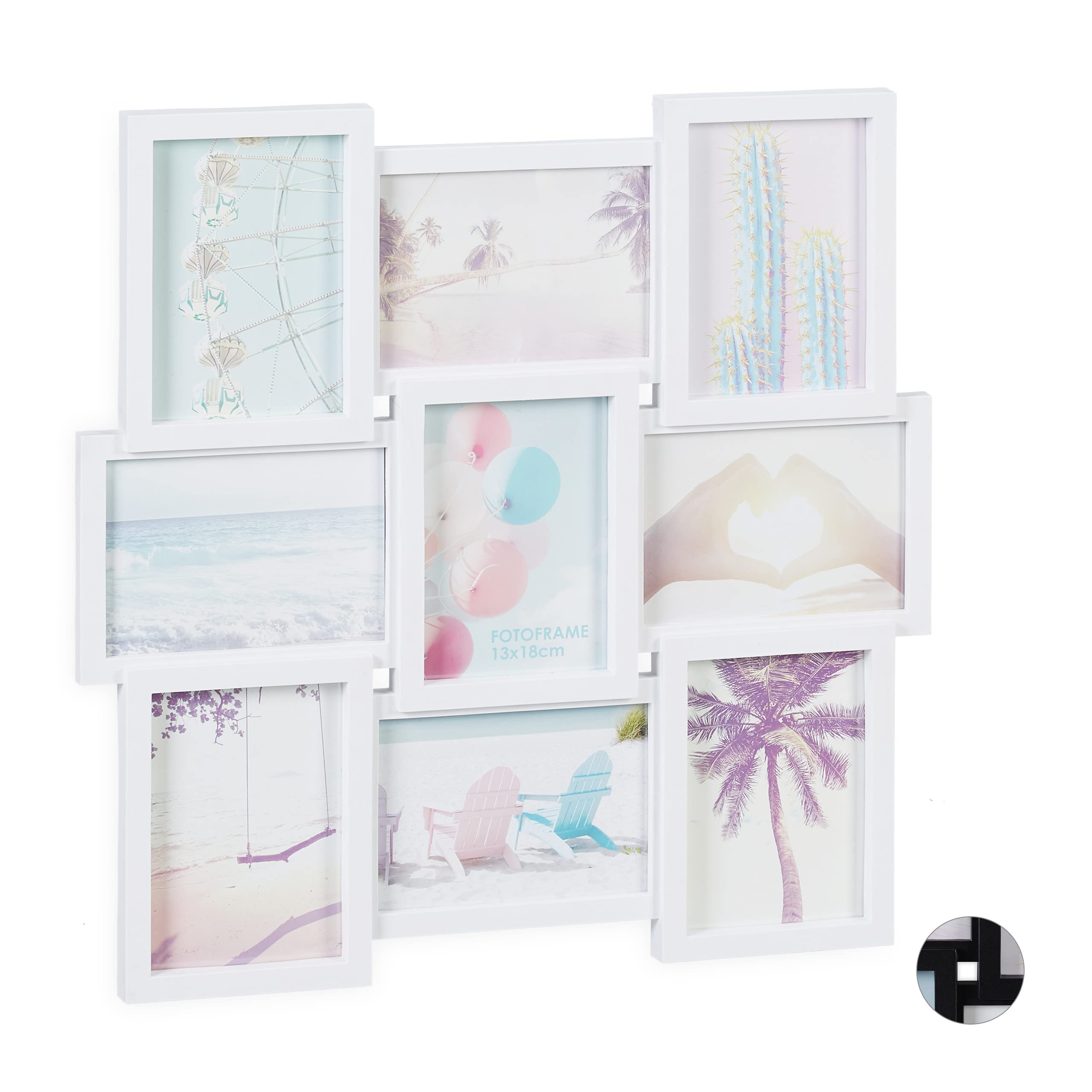 Relaxdays Collage Picture Frame for 9 Photos, Landscape & Portrait Format, Plastic, HxW: 54 x 54 cm, White