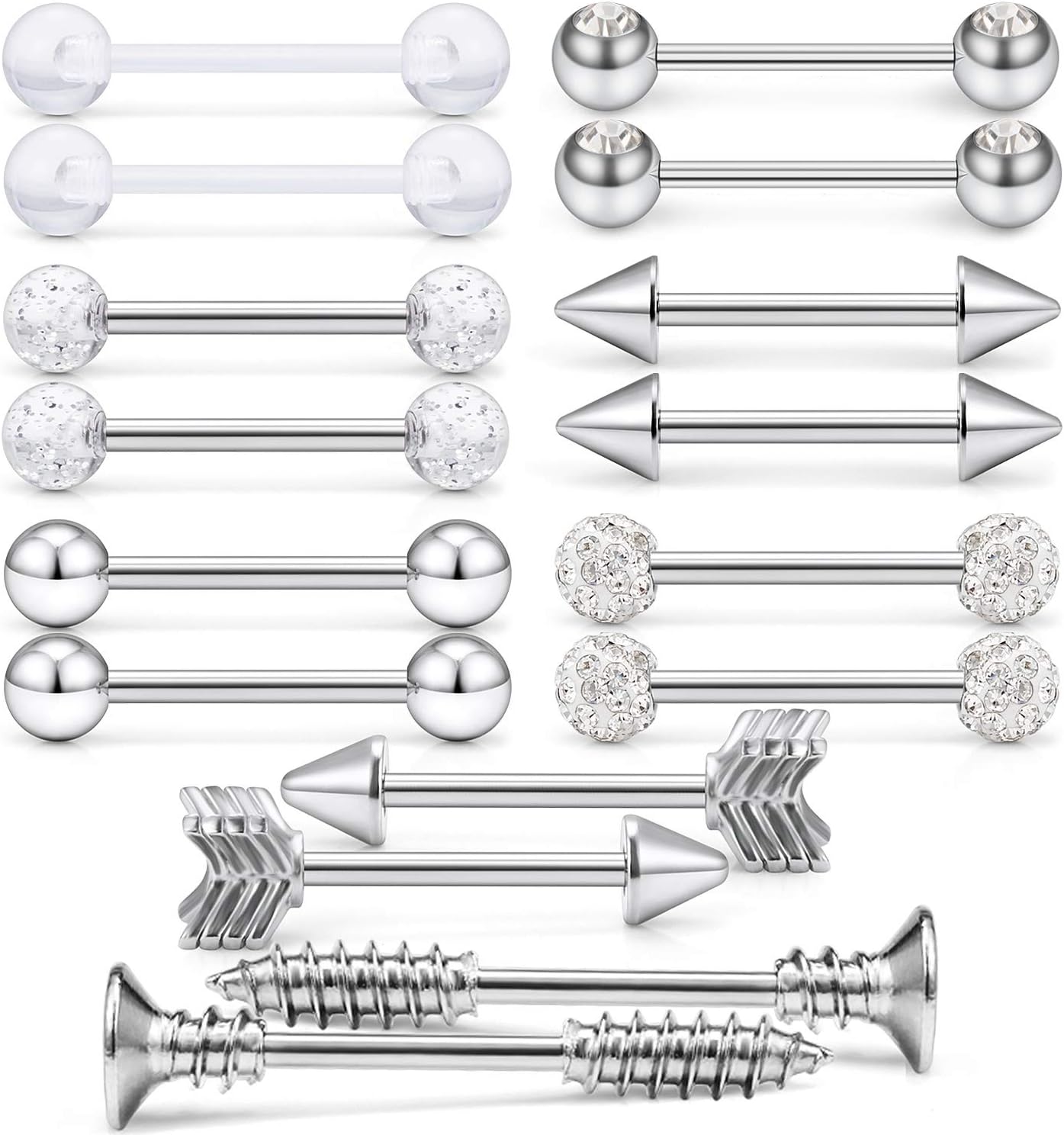HoeudjoNipple Rings 14G Stainless Steel & Clear Bioflex Acrylic Tongue Barbell PA Bars Retainer Body Piercing Jewelry for Women Men 16 Pieces 14mm(9/16Inch)