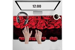 BBSUJANE Red Roses Keyboard and Mouse Pad with Wrist Rest Large Mousepad XXL Desk Mat Set 31.5" x 15.75" Desk Pad Support Extended Non-Slip Rubber Base Computer Mat for Women Gift