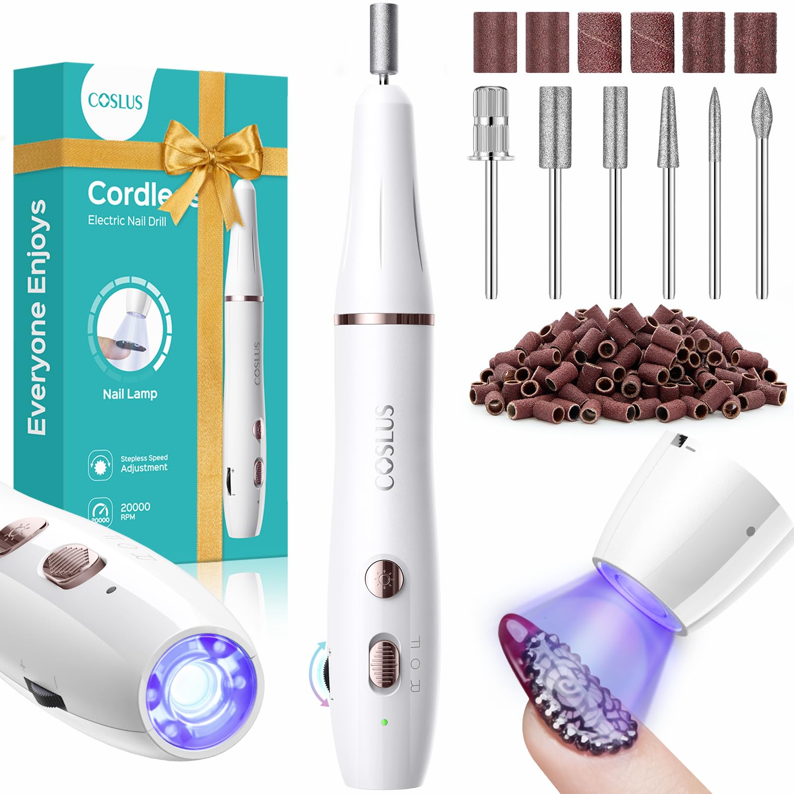 Photo 1 of COSLUS Cordless Nail Drill Electric: 2-in-1 Nail File with Flash Cure for Acrylic Gel Dip Powder Nails, Stepless Control for Beginner Home DIY, Portable for Travel, Professional Pedicure Manicure Kit