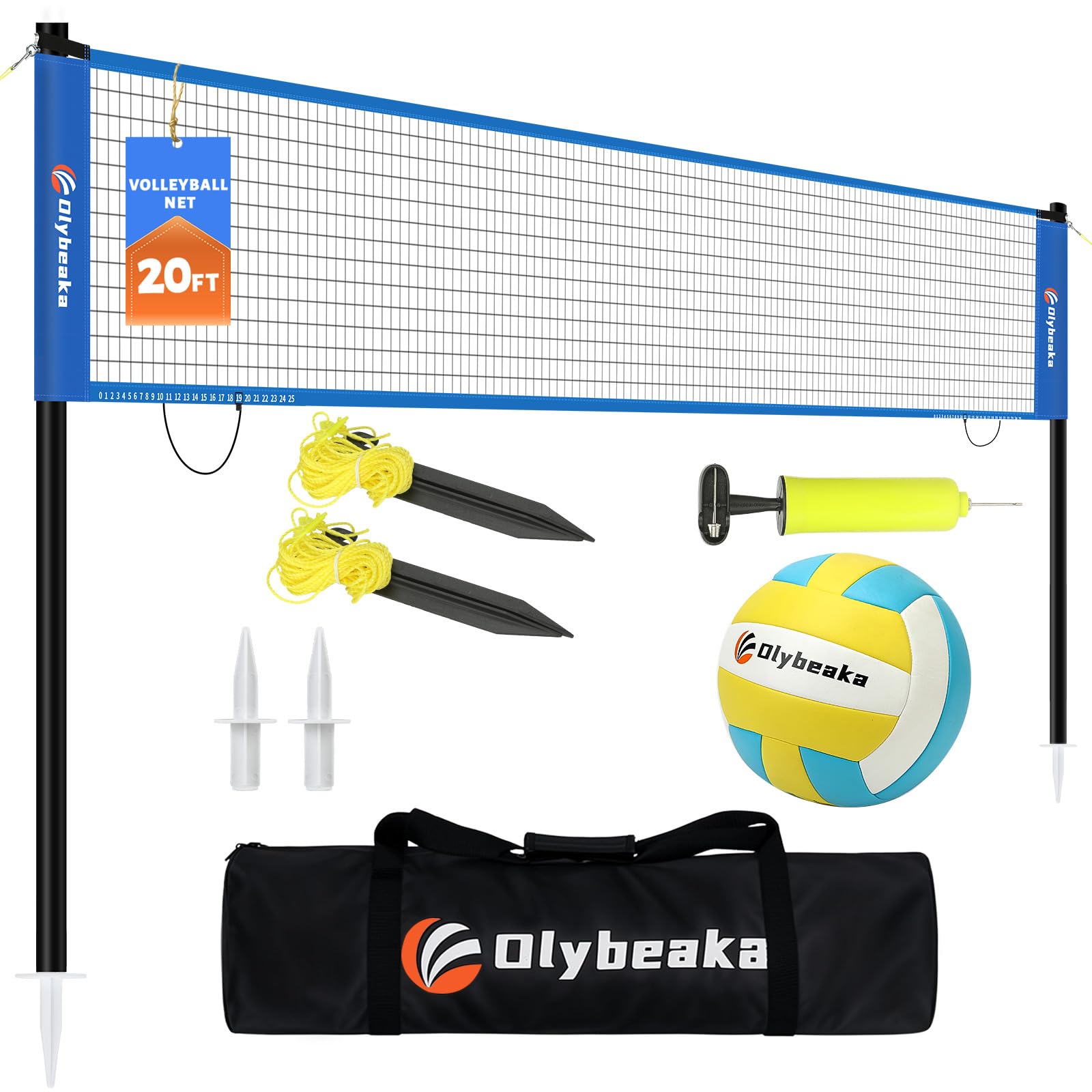 Photo 1 of 20FT Outdoor Volleyball Net Set System for Backyard Beach with Anti-Sagging Net, Iron Adjustable Height Poles, Soft PU Volleyball and Pump, Carry Bag - Instant Set Up & Durable (Blue)