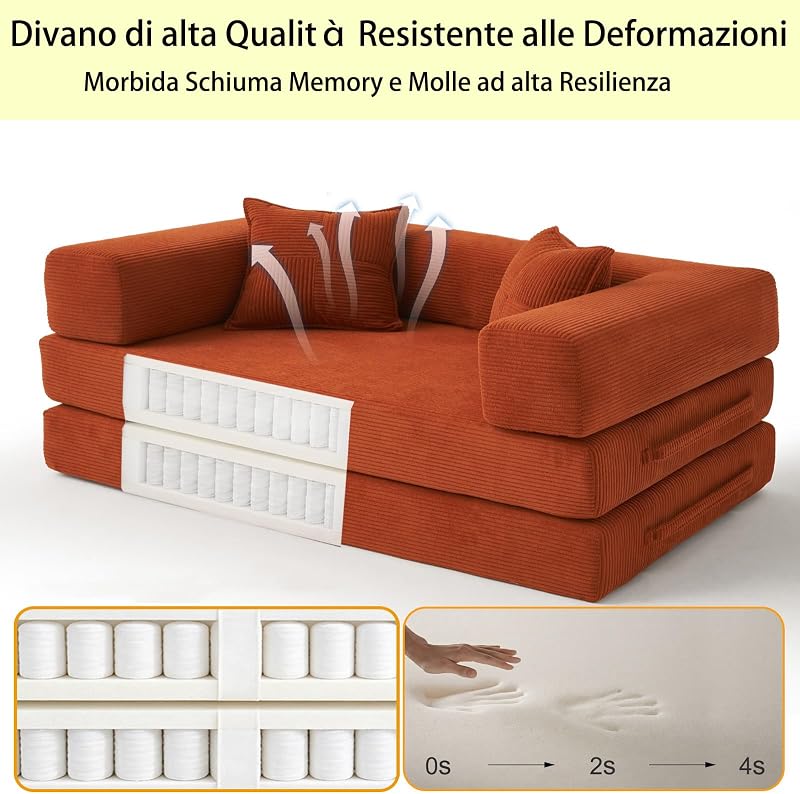 Divano letto senza ossa, 160 cm, corda premium, futon 5-in-1 con 2 cuscini in memory foam per piccoli spazi, arancione