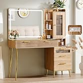 Arulvmrn Vanity Desk with 29.53" HD Lighted Mirror, 47.24" Big Modern Vanity Desk with Mirror and Lights, Makeup Vanity with 5 Drawers and Storage Shelves and Charging Station, Oak