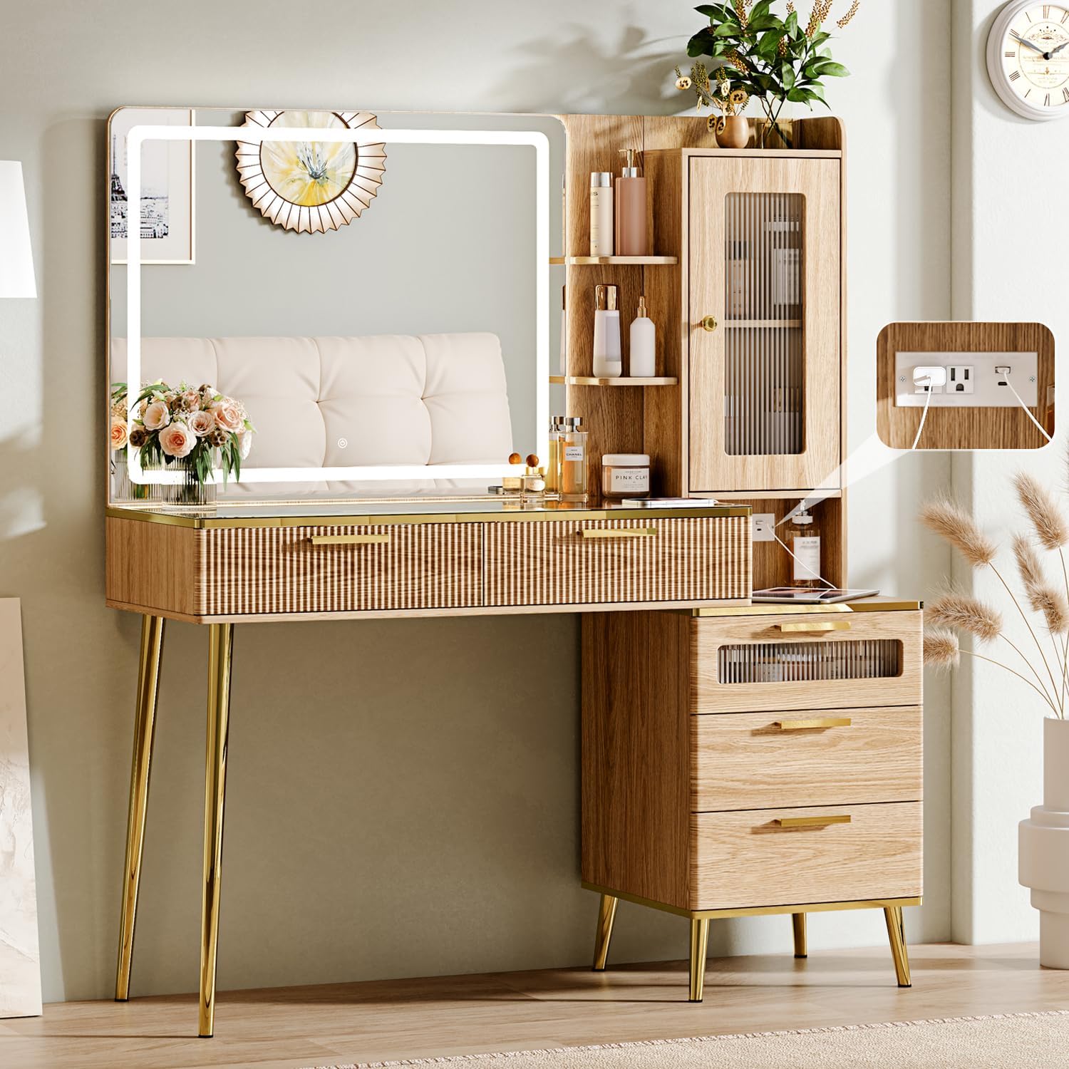 Photo 1 of **FINAL SALE, SEE NOTES**Arulvmrn Vanity Desk with 29.53" HD Lighted Mirror, 47.24" Big Modern Vanity Desk with Mirror and Lights, Makeup Vanity with 5 Drawers and Storage Shelves and Charging Station, Oak2