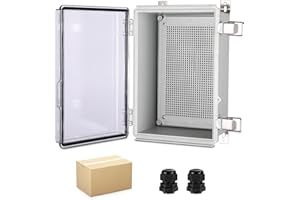 FlyGeneral Junction Box, 11"×7.5"×5.5"Hinged Cover Stainless Steel Latch Electrical Box, IP67 Waterproof ABS Plastic Box with Mounting Plate, Glands.Transparent