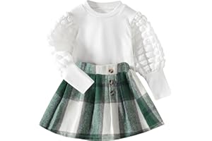 DONWEN Toddler Girl Clothes Skirt Outfits Set Puff Sleeve Tops + Plaid Pleated Mini Skirts 2Pcs Fall Winter Clothes