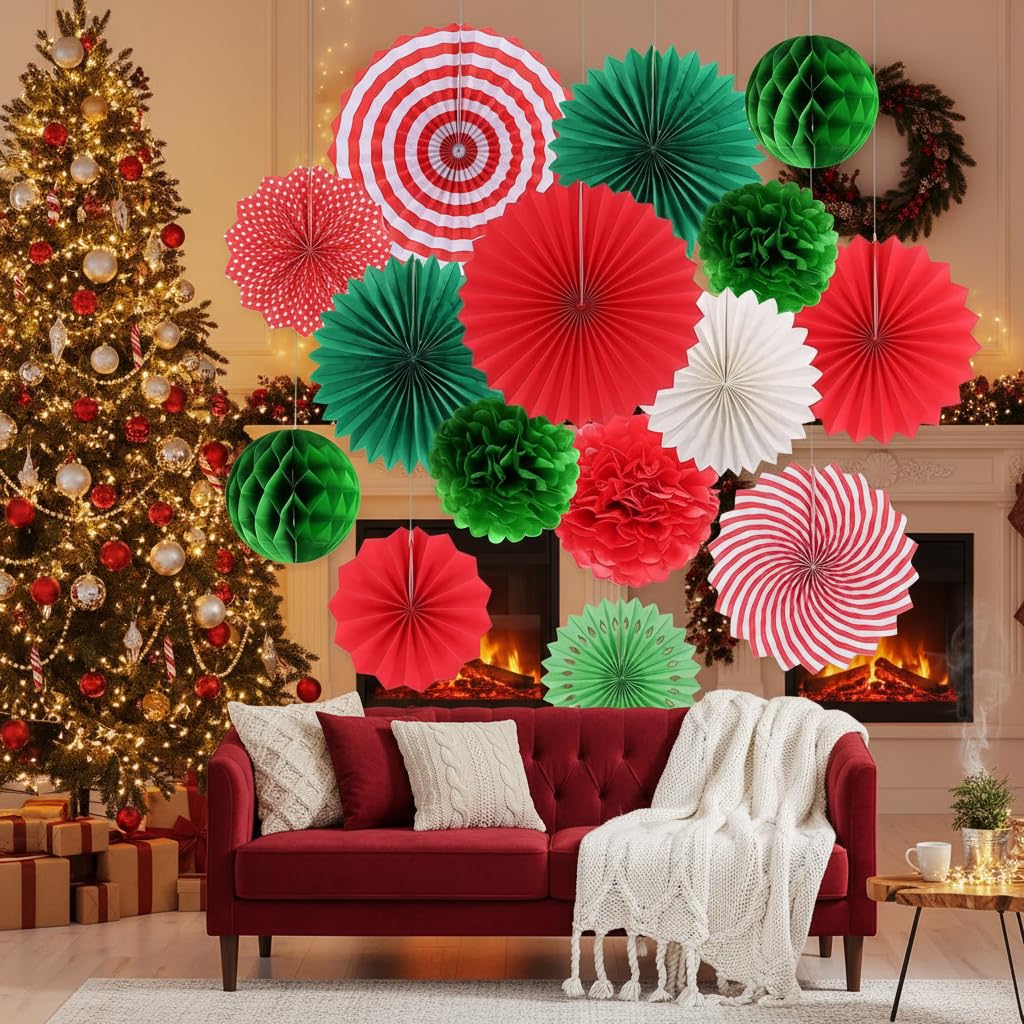 Kungfu Mall Christmas Paper Decorations, Vintage Christmas Ceiling Decorations, Xmas Paper Decorations Hanging, Honeycomb Balls for Xmas Winter Home Decor