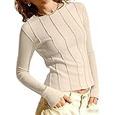 Tankaneo Womens Fitted Long Sleeve Shirts Ribbed Knit Going Out Tops Y2k Trendy Casual Crew Neck Tees Shirts