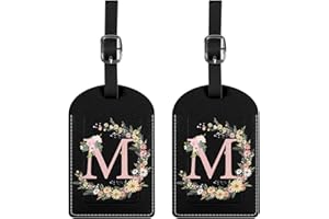 BHAHB 2 Pack Initial Letter Luggage Tag Monogram Luggage Tag PU Leather Suitcase Tags Funny Aesthetic Cute Flower Floral Monogrammed Travel Bag Labels for Women Girls (Letter-M)