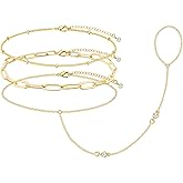 My Queen Gold Bracelets for Women 14K Gold Plated Dainty Stackable Hand Chain Bracelet Trendy Ring Chain Bangle Cuff Bracelets Adjustable Body Jewelry Set Gifts