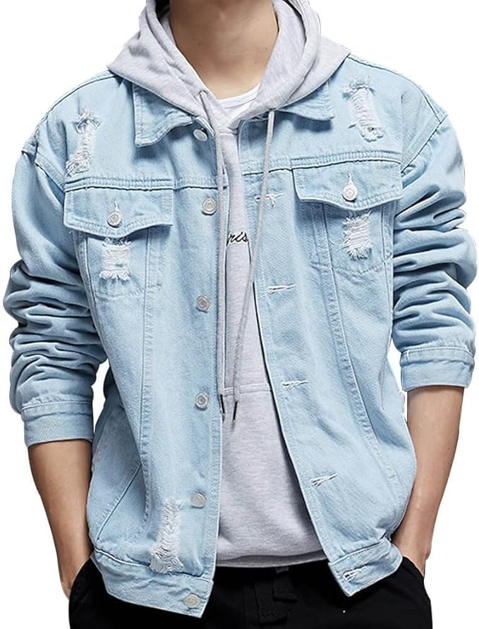 light blue ripped denim jacket mens