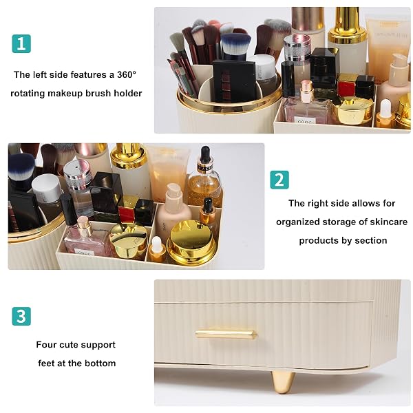 ZUFUDO MAKEUP ORGANIZER COUNTERTOP WITH DRAWER 360 ROTATING BRUSH HOLDER STORAGE LARGE CAPACITY SKINCARE COSMETIC DISPLAY CASES FOR VANITY BATHROOM DESKTOP, MODEL 3016 CREAM