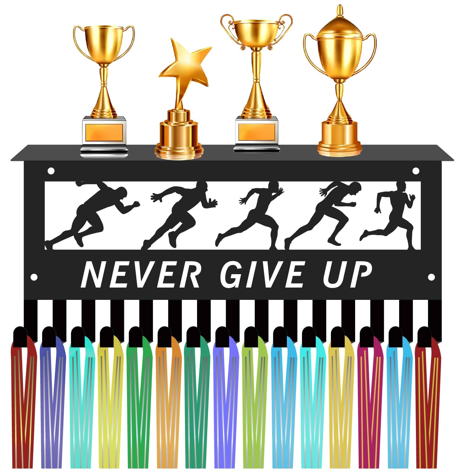 CREATCABIN Never Give Up Medal Holder with Shelf Sports Medal Trophy Hanger Display Wall Mount Frame Hooks Hanging Over 70 Awards Metal Medal Rack for Running Marathon Runner Badges 11.8 x 5.1Inch