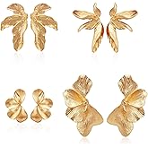 4PCS Chunky Gold Statement Earrings for Women Gold Plated Silver Large Leaf Design Hypoallergenic Earrings