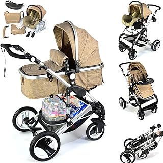 Daliya Bambimo 3 in 1 Kinderwagen - Kombikinderwagen Riesenset 14-Teilig incl. Babywanne &amp; Buggy &amp; Auto-Babyschale - Alu-Rahmen/Voll-Gummireifen - Wickeltasche/Regenschutz/Kindertisch in Khaki