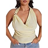 Floerns Women's Plus Size Draped Halter Tops Textured Ruched Sleeveless Trendy Club Tank Top