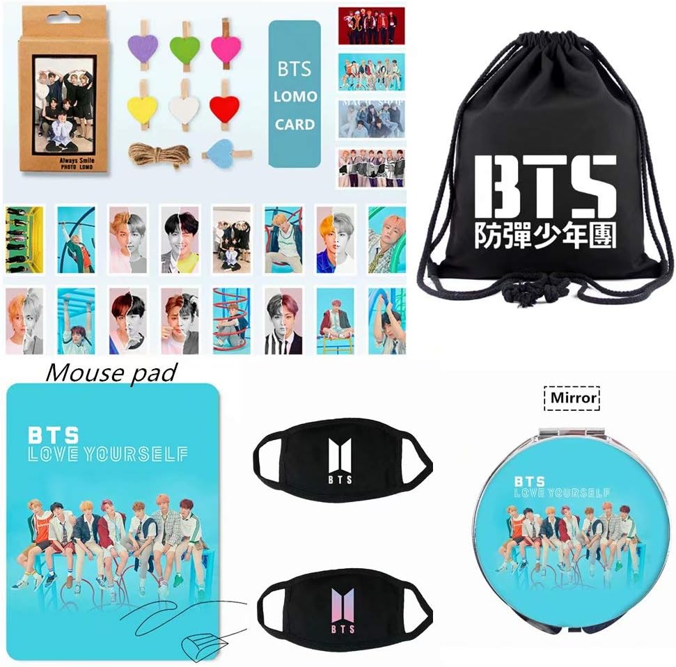 FaLaidi BTS Gifts Set for Fans- BTS Drawstring Bags/BTS Lomo Card/BTS Mouth Mask/BTS Mouse pad/BTS Mirror