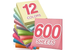SPACEMATE Sticky Notes Pads, 600 Sheets, 3x3 Inches, It is Perfect to Post for Office, Home and School, 12 Pads 12 Colors Sticky Notes Bulk