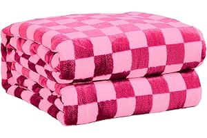 FY FIBER HOUSE Checkered Flannel Fleece Throw Blanket Soft Cozy Checkerboard Grid Print Chessboard Gingham Pattern Blankets for Bed Couch Sofa, 60"x80", Hot Pink