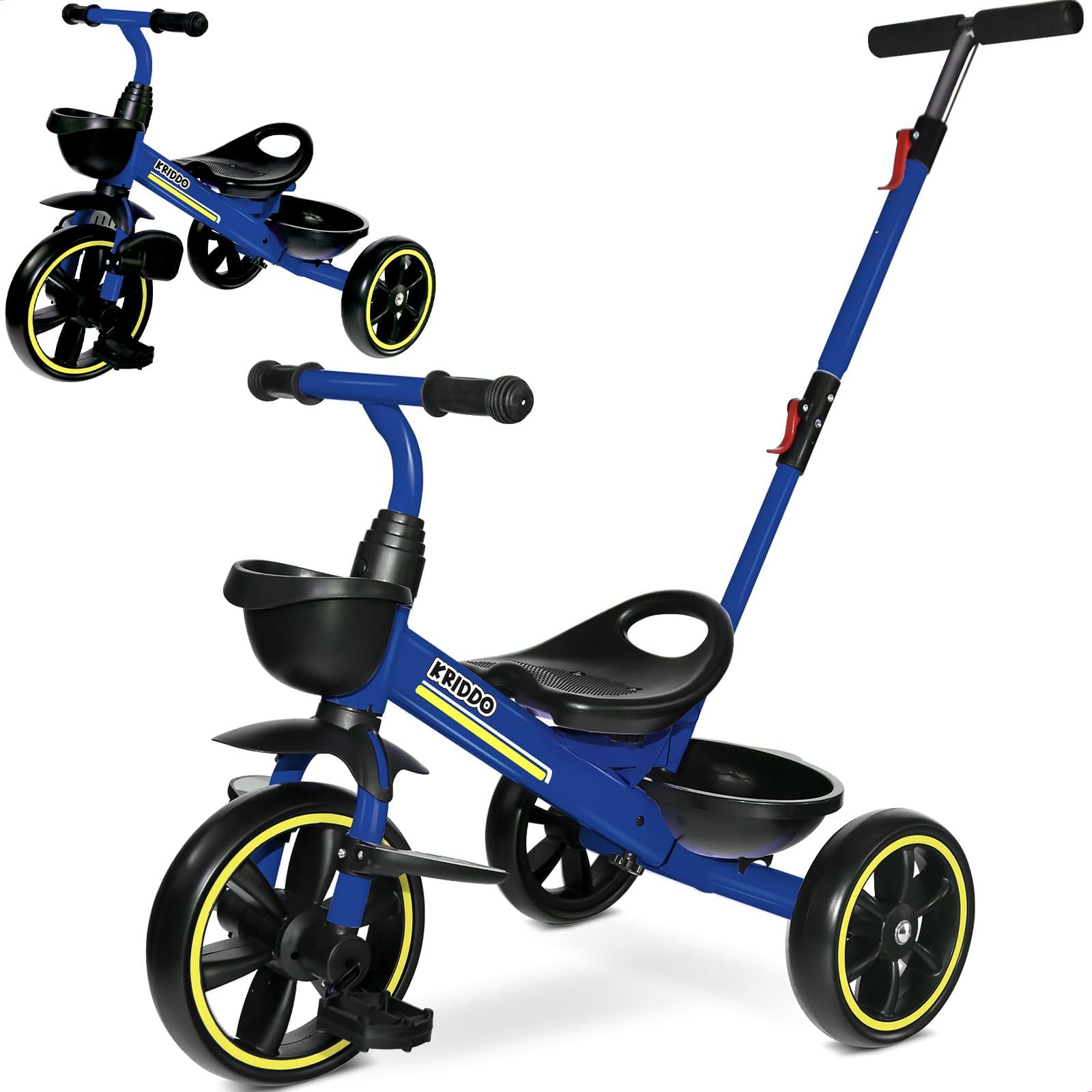 Photo 1 of KRIDDO 2-in-1 Toddler Tricycle for Ages 18 Months to 5 Years Old - Extended Push Handle for Effortless Push, Gift Trike for Toddler 3 to 5 Year, Kids Tricycle with Foldable Front Footrest, Blue
