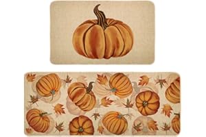 DECORHUA Fall Pumpkin Kitchen Mats Set of 2, Non-Slip Absorbent Rug and Door Mats, Seasonal Autumn Maple Leaves Decorative Kitchen Floor Mat 17x29 and 17x47 Inch DM087