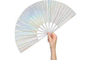 DMJUNCONG Large Pure White Clear 7-color Flashpoints Smooth Fabric Rave Folding Hand Fan,Glitter Holographic White Handheld Fan,for Festivals,Rainbow Outfits,Disco Party,Home Decoration and Many Occasions.