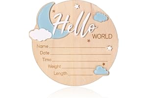 Baby Announcement Sign, 15cm/5.91in Wooden Hello World Newborn Welcome Sign Birth Baby Name Plaques for Hospital Nursery & Ch