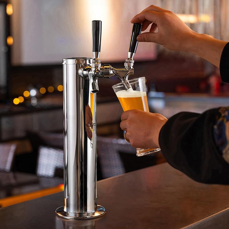 Kit Colonne à Bière 2 Robinets, Distributeur de Bière Boisson en Acier Inoxydable, Tireuse à Bière avec Régulateur à Double Jauge W21,8 et Coupleur de Fût Système S, pour Bar Restaurant Maison