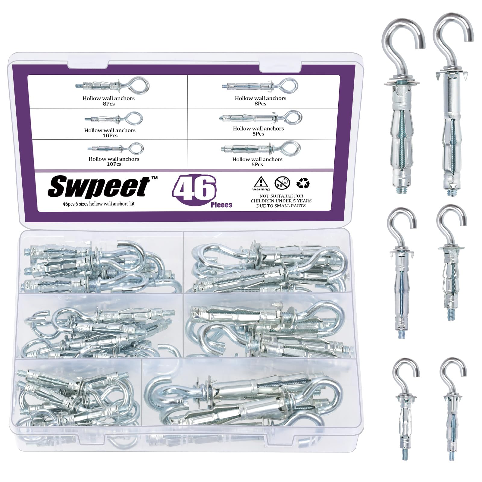 Swpeet 46Pcs M4X32mm M4X38mm M5X37mm M5X52mm M6X52mm M6X65mm C-shape Heavy Duty Hollow Wall Anchor Set, Hollow Drive Wall Anchor Screws Assortment Kit for Drywall Hollow Wall Plaster Walls