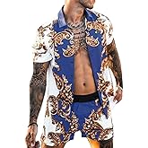 Men's Hawaiian Sets Short Sleeve Luxury Print Casual Button Down Dress Shirt Top and Shorts